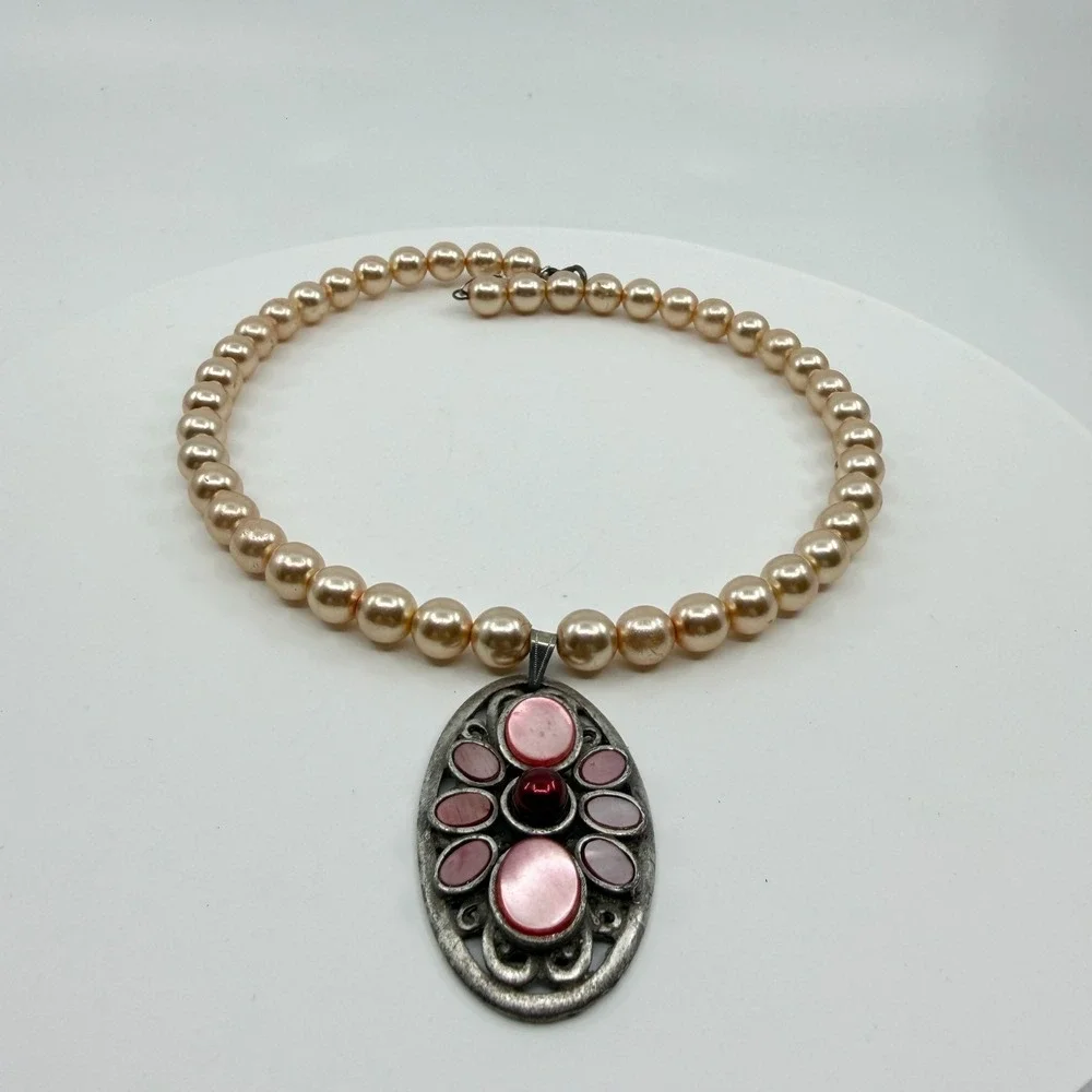 Blush Faux Pearl Pink Cabochon Pendant Necklace Silver Tone Coquette Statement